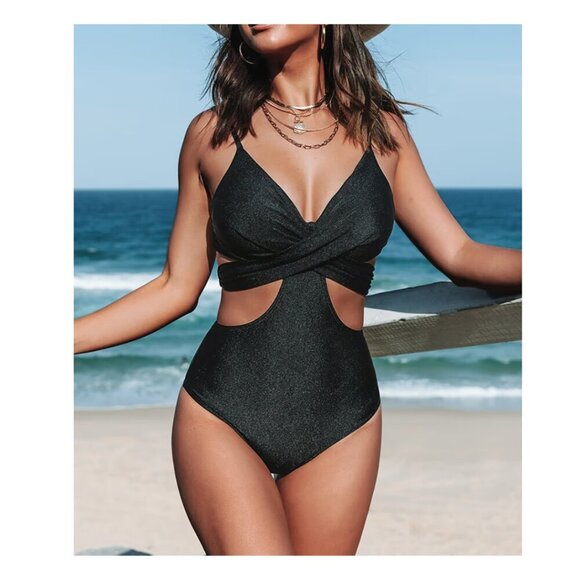 NWT Cupshe Women's Mollie Black Crisscross Tie Back One Piece Swimsuit Medium - Picture 1 of 11